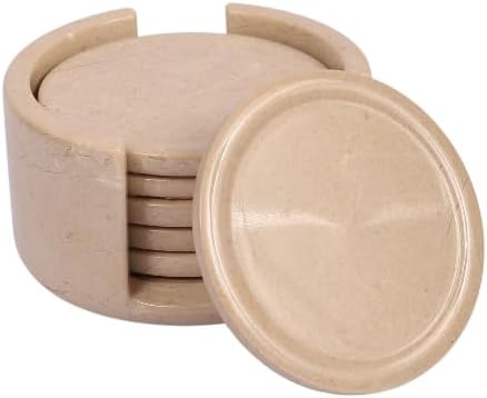 Coaster Set with Holder - Round Stone Coasters for Desk & Table - 4 Inch - Handmade Stone - Non-Slip Anti Scratch Pad (Multi Green)