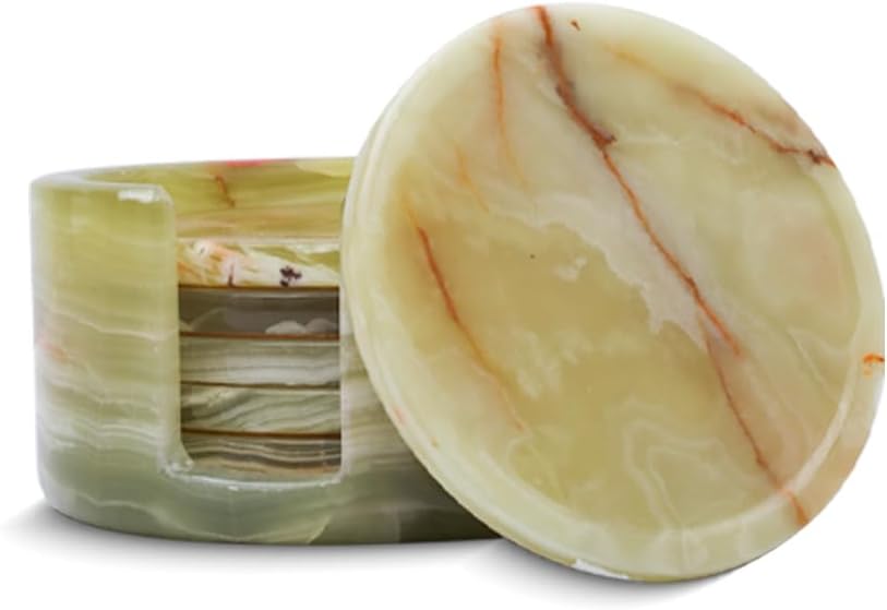 Coaster Set with Holder - Round Stone Coasters for Desk & Table - 4 Inch - Handmade Stone - Non-Slip Anti Scratch Pad (Multi Green)