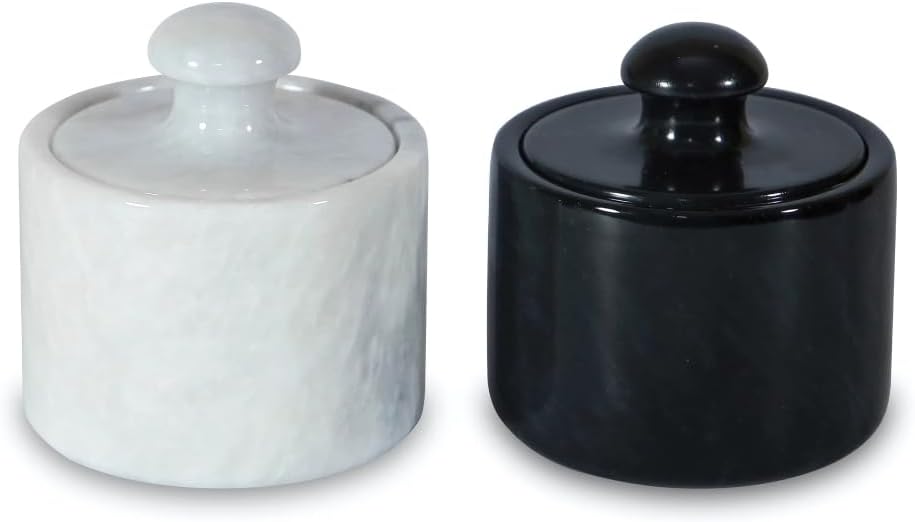 Marble Salt Cellar Keep Spices Fresh Seasoning Holder for Herbs Sugar Salt Keeper With Handmade Lid Knob Like Mushroom Best 3-Inch Marble Dish (Green Onyx and White)