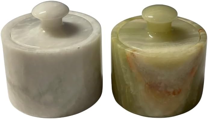 Marble Salt Cellar Keep Spices Fresh Seasoning Holder for Herbs Sugar Salt Keeper With Handmade Lid Knob Like Mushroom Best 3-Inch Marble Dish (Green Onyx and White)