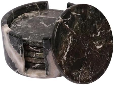 Coaster Set with Holder - Round Stone Coasters for Desk & Table - 4 Inch - Handmade Stone - Non-Slip Anti Scratch Pad (Multi Green)