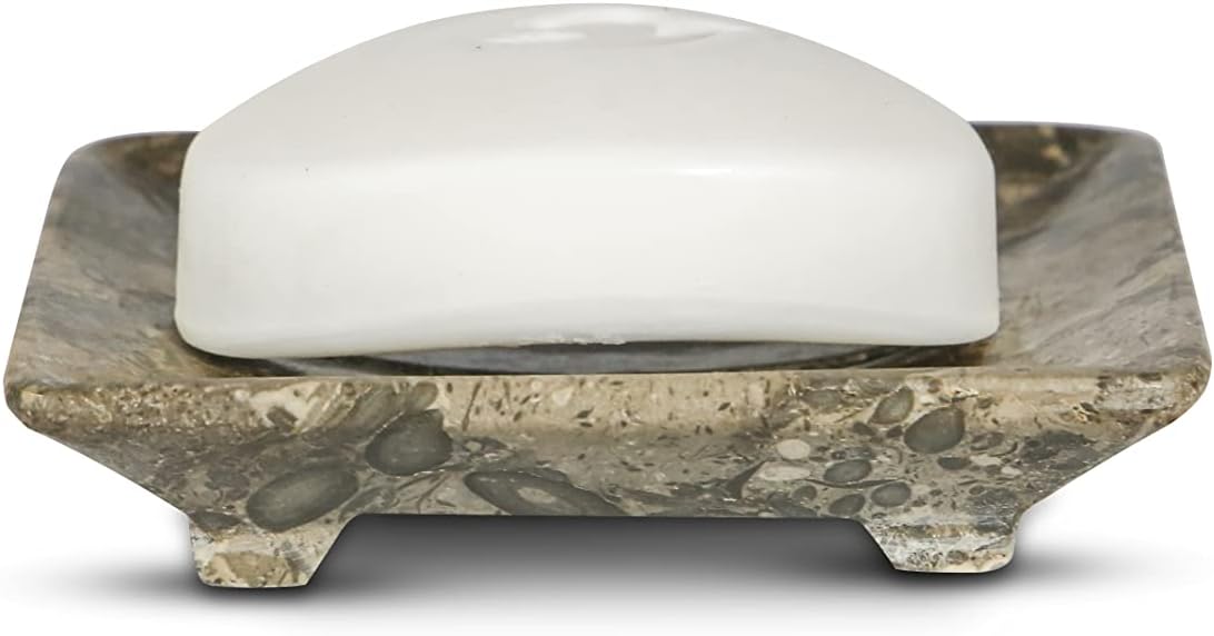 Luxury Handmade Grey Fossil Marble Soap Dish Holder with Drain for Bathroom and Shower, Best Bath Products & Sponge Tray for Kitchen & Housewarming Gifts.