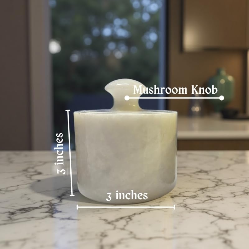 Marble Salt Cellar Keep Spices Fresh Seasoning Holder for Herbs Sugar Salt Keeper With Handmade Lid Knob Like Mushroom Best 3-Inch Marble Dish (Green Onyx and White)