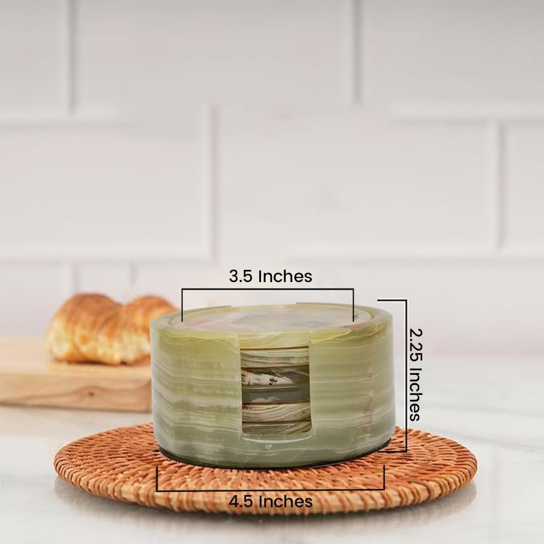 Coaster Set with Holder - Round Stone Coasters for Desk & Table - 4 Inch - Handmade Stone - Non-Slip Anti Scratch Pad (Multi Green)