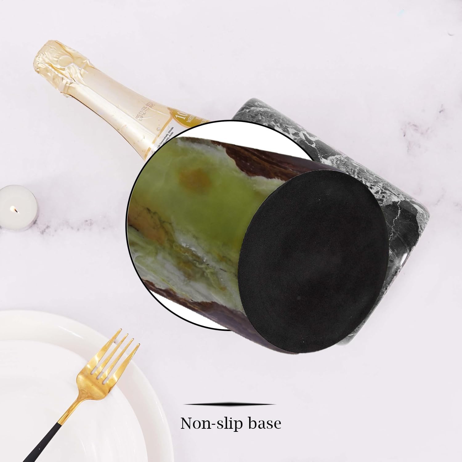 Champagne & Wine Cooler Bucket with Polished Interior – Non-Slip Scratch-Proof Pad, Marble Utensil Holder for Kitchen, Bar & Housewarming Gifts (Multi Green)