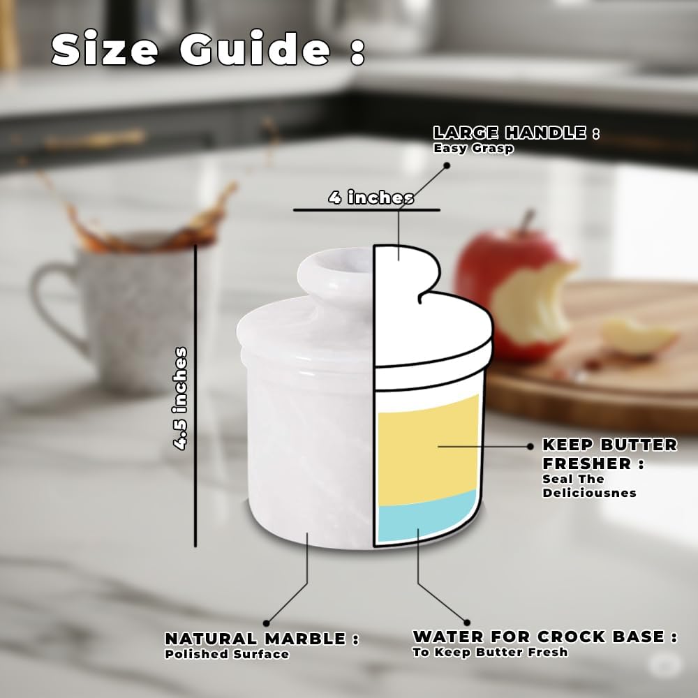 Butter Crock – French Butter Keeper with Lid, Countertop Butter Dish, Handcrafted Cloudy White Marble Housewarming Gift for Kitchen & Home