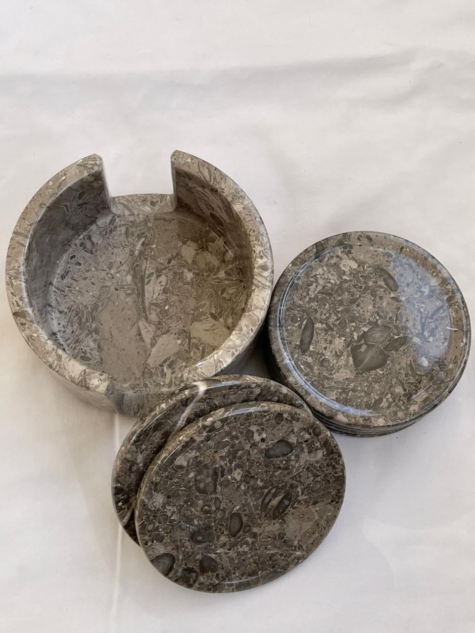 Coaster Set with Holder - Round Stone Coasters for Desk & Table - 4 Inch - Handmade Stone - Non-Slip Anti Scratch Pad (Multi Green)