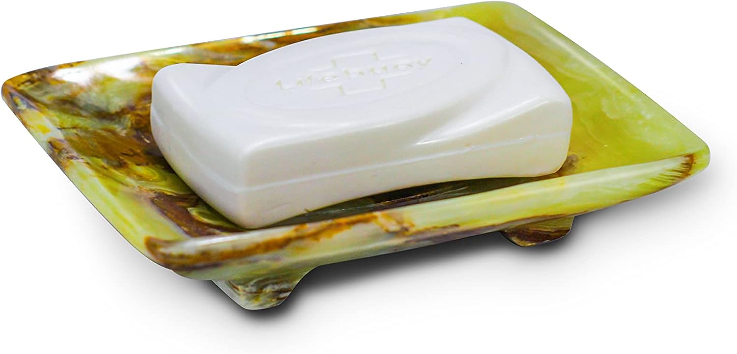 Luxury Handmade Green Calcite Crystal Soap Dish Holder with Drain for Bathroom and Shower, Best Bath Products & Sponge Tray for Kitchen & Housewarming Gifts.