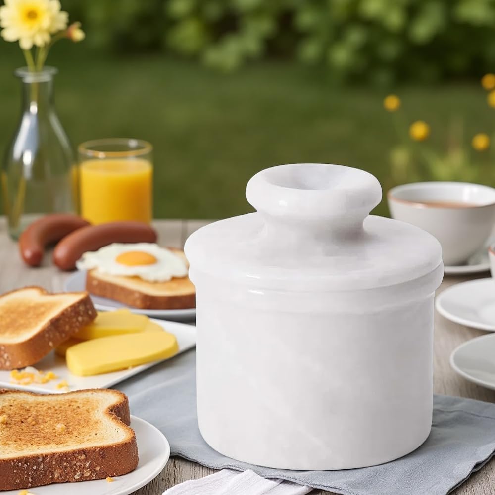 Butter Crock – French Butter Keeper with Lid, Countertop Butter Dish, Handcrafted Cloudy White Marble Housewarming Gift for Kitchen & Home