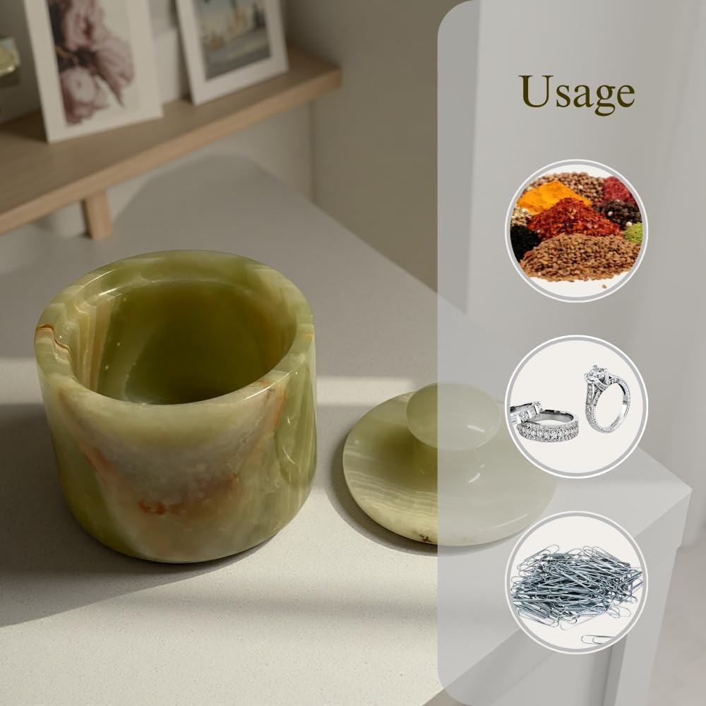 Marble Salt Cellar Keep Spices Fresh Seasoning Holder for Herbs Sugar Salt Keeper With Handmade Lid Knob Like Mushroom Best 3-Inch Marble Dish (Green Onyx and White)