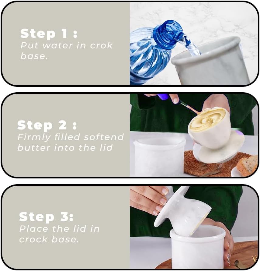 Butter Crock – French Butter Keeper with Lid, Countertop Butter Dish, Handcrafted Cloudy White Marble Housewarming Gift for Kitchen & Home