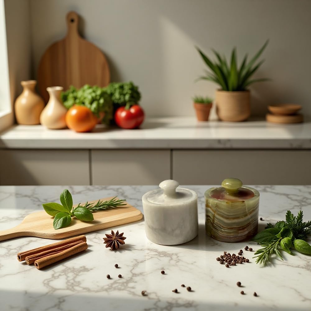 Marble Salt Cellar Keep Spices Fresh Seasoning Holder for Herbs Sugar Salt Keeper With Handmade Lid Knob Like Mushroom Best 3-Inch Marble Dish (Green Onyx and White)