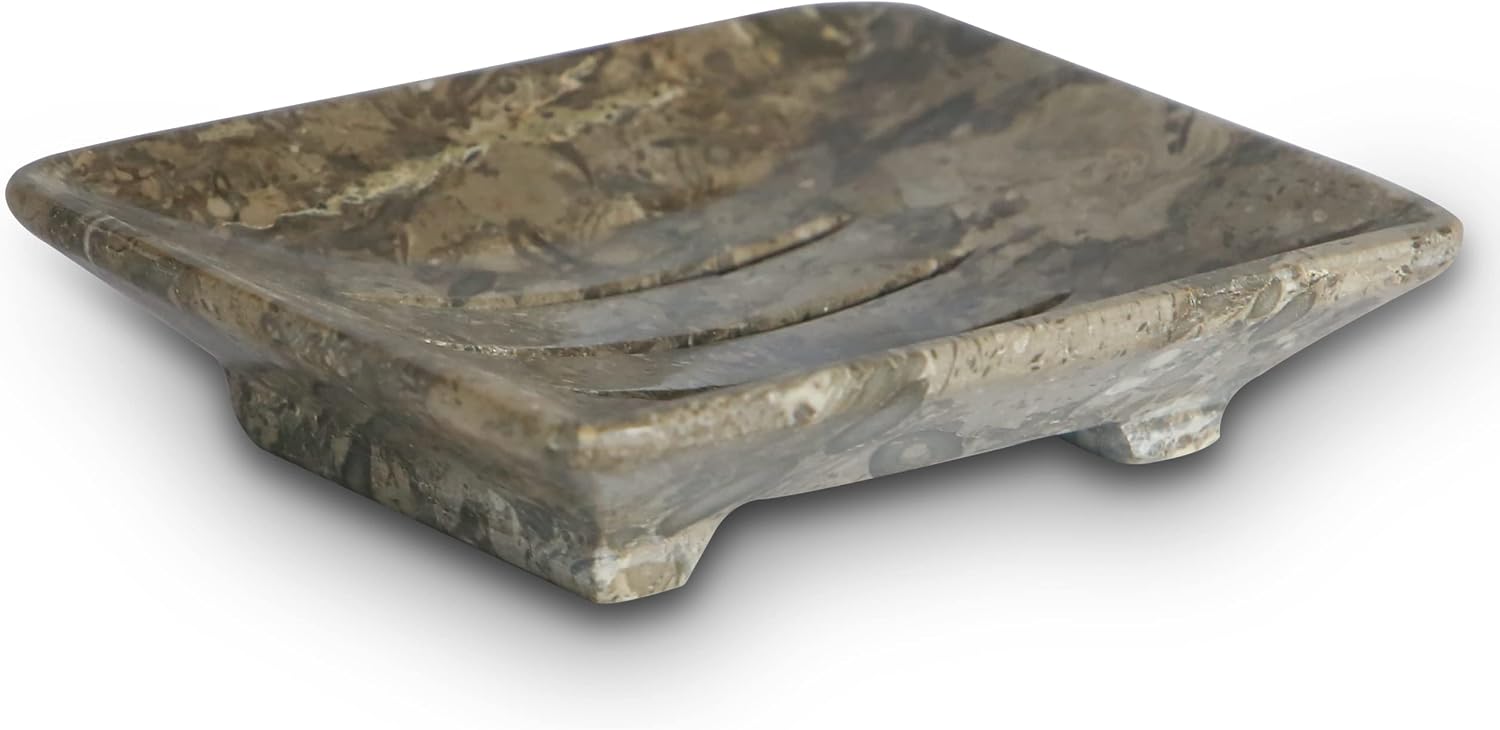 Luxury Handmade Grey Fossil Marble Soap Dish Holder with Drain for Bathroom and Shower, Best Bath Products & Sponge Tray for Kitchen & Housewarming Gifts.