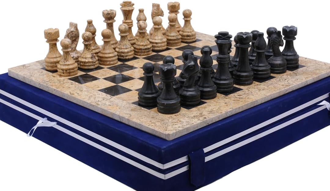 Handmade Stone Chess (12 x 12, Coral/Black)