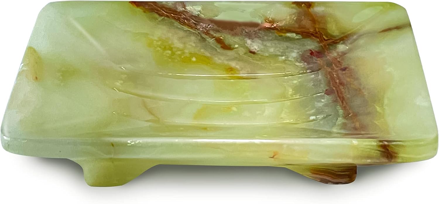 Luxury Handmade Green Calcite Crystal Soap Dish Holder with Drain for Bathroom and Shower, Best Bath Products & Sponge Tray for Kitchen & Housewarming Gifts.