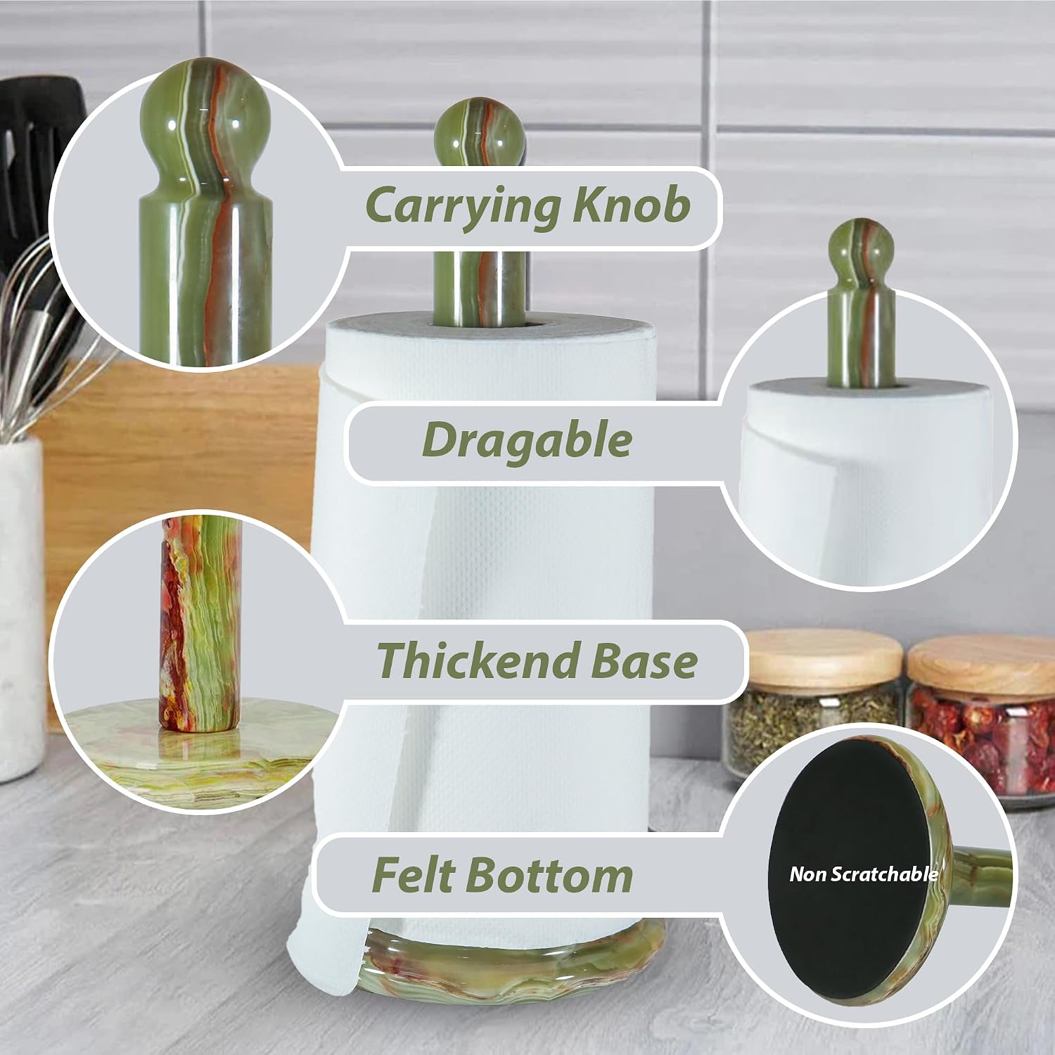 Handmade Green Onyx Paper Towel Holder – Unique Natural Stone Stand for Kitchen or Bathroom – Translucent Green Marble with Ivory Veining – Luxury Housewarming Gift