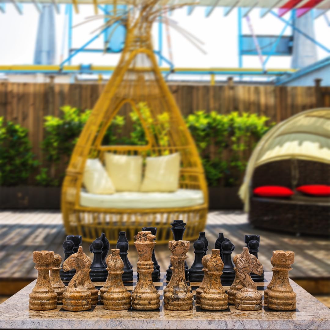 Handmade Stone Chess (12 x 12, Coral/Black)