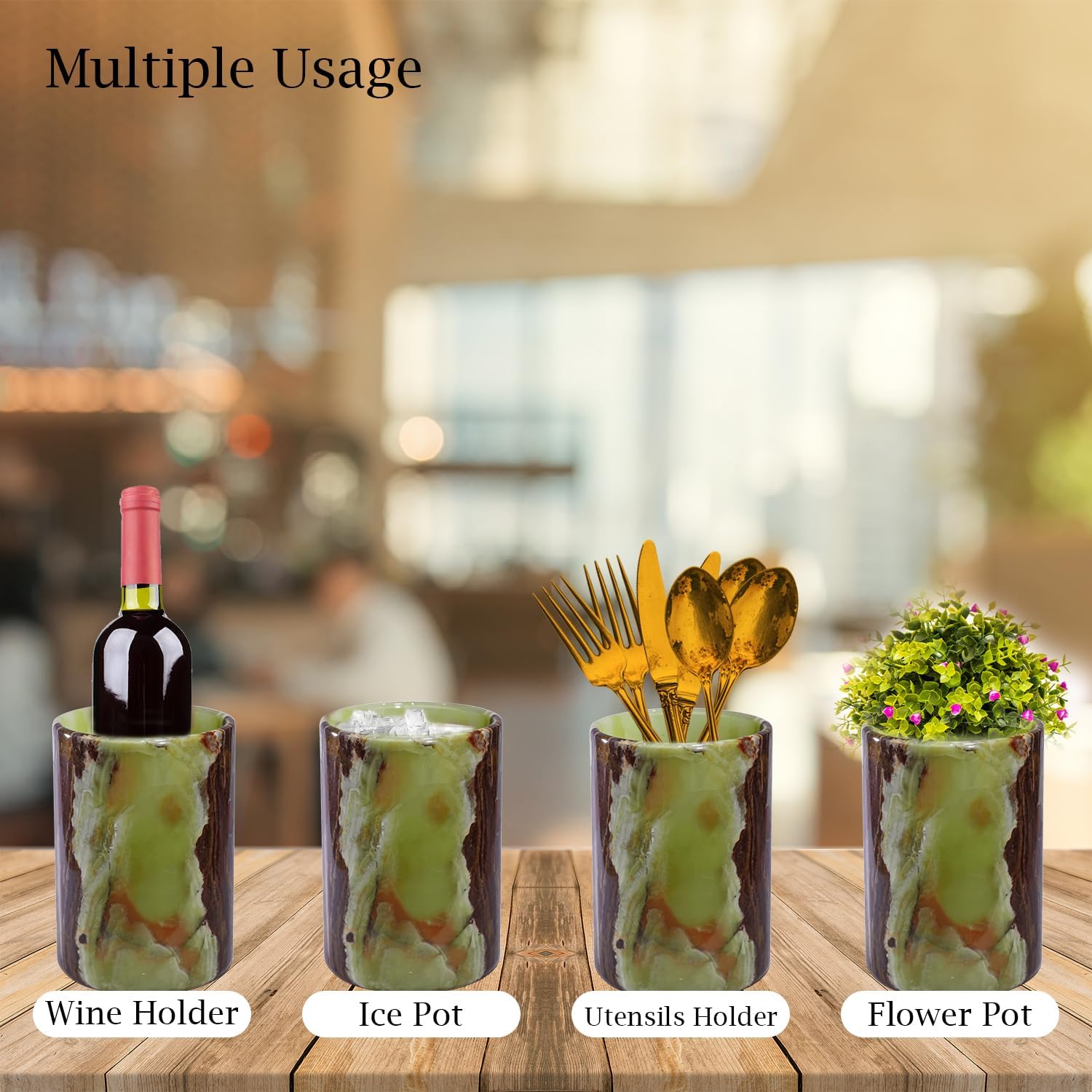 Champagne & Wine Cooler Bucket with Polished Interior – Non-Slip Scratch-Proof Pad, Marble Utensil Holder for Kitchen, Bar & Housewarming Gifts (Multi Green)