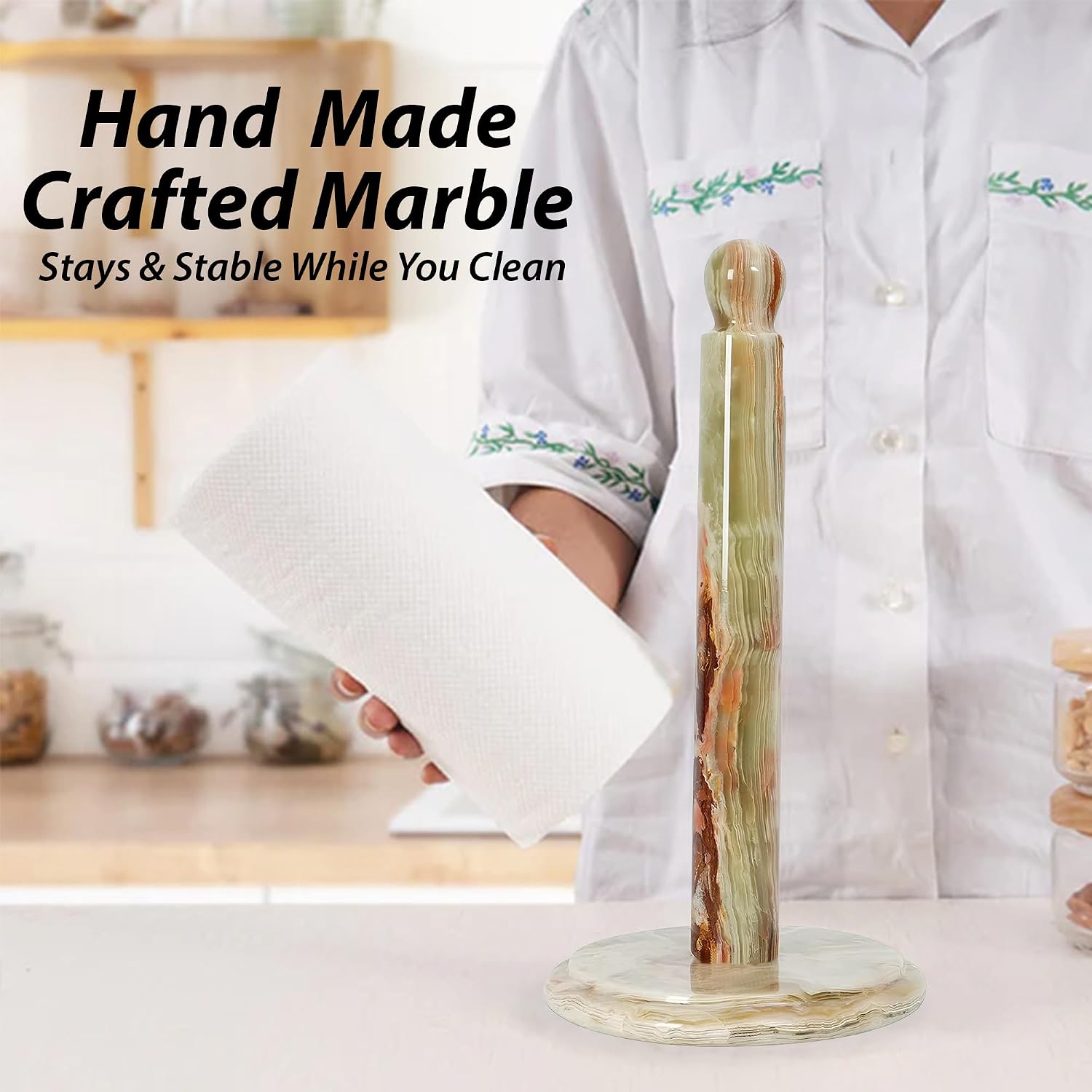 Handmade Green Onyx Paper Towel Holder – Unique Natural Stone Stand for Kitchen or Bathroom – Translucent Green Marble with Ivory Veining – Luxury Housewarming Gift
