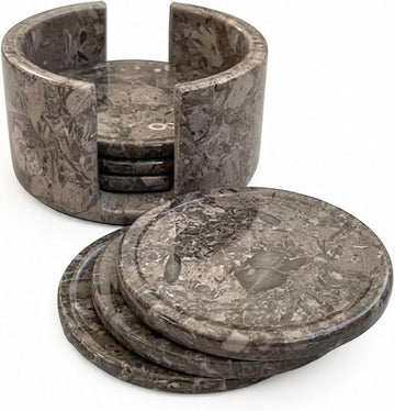 Handcrafted Grey Fossil Marble Coaster Set Handmade Luxury Round Drinkware Kitchen Decor Gift Pack