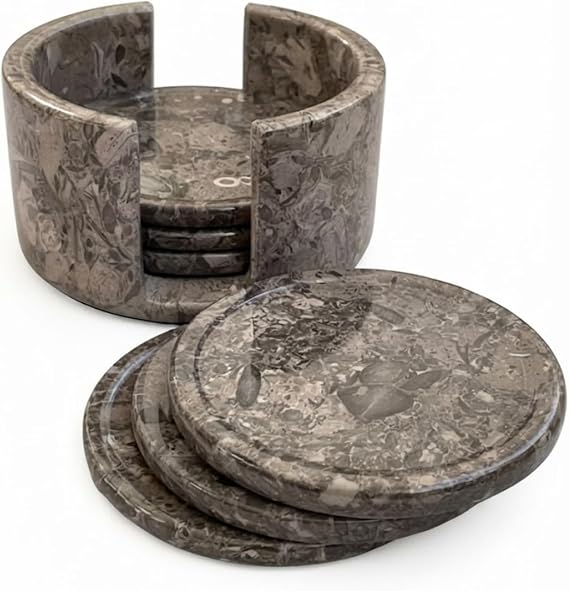 Handcrafted Grey Fossil Marble Coaster Set Handmade Luxury Round Drinkware Kitchen Decor Gift Pack