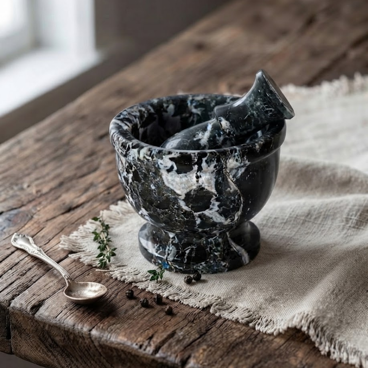 Zebra Mortar and Pestle Left Side, Black Marble Grinder Bowl, Garlic Crusher Spices Molcajete