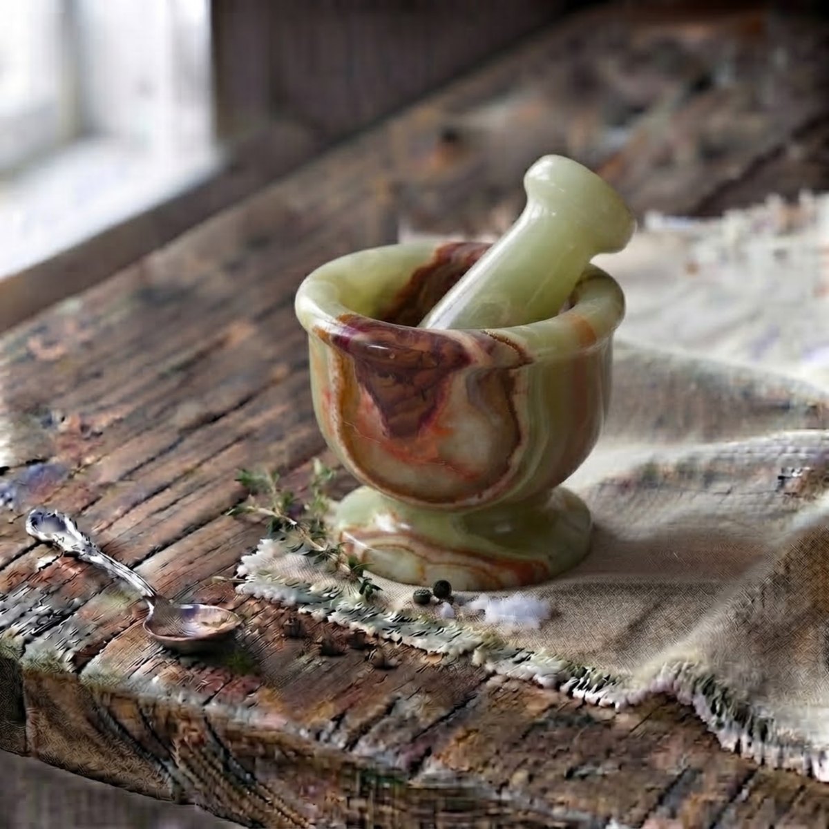 Handcrafted Onyx Mortar and Pestle Set, Green Marble Herb Grinder (4" Diameter)