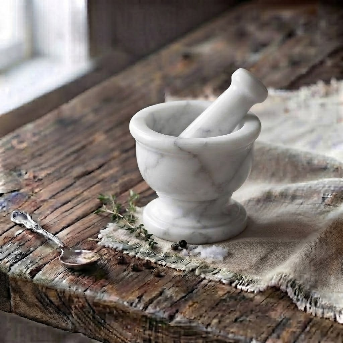 Handmade White Marble Mortar and Pestle, Stone Herb Grinder Bowl, Garlic Crusher Spices Molcajete