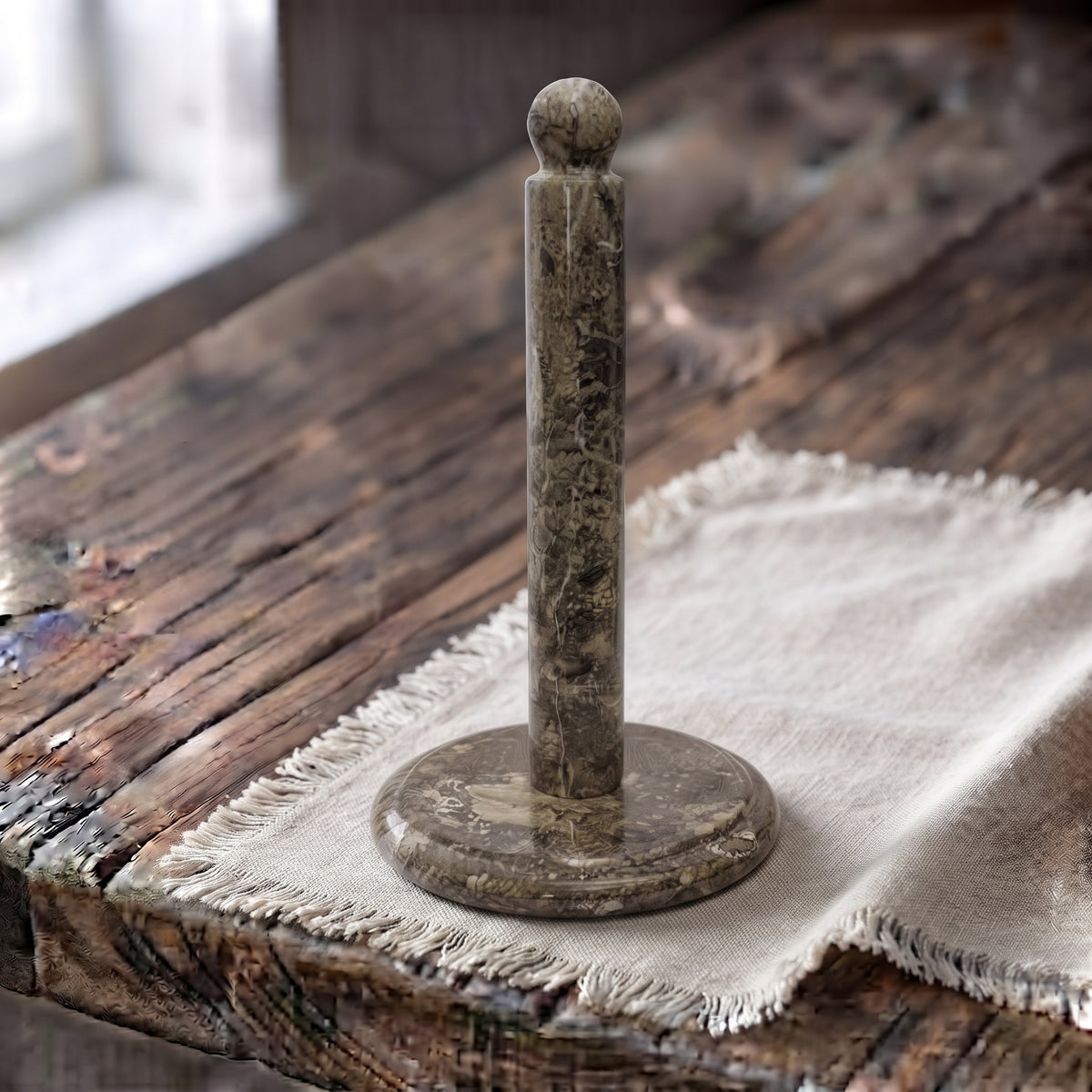 Oceanic Fossil Marble Paper Towel Holder Stand - Solid Stone Countertop Kitchen Roll Organizer