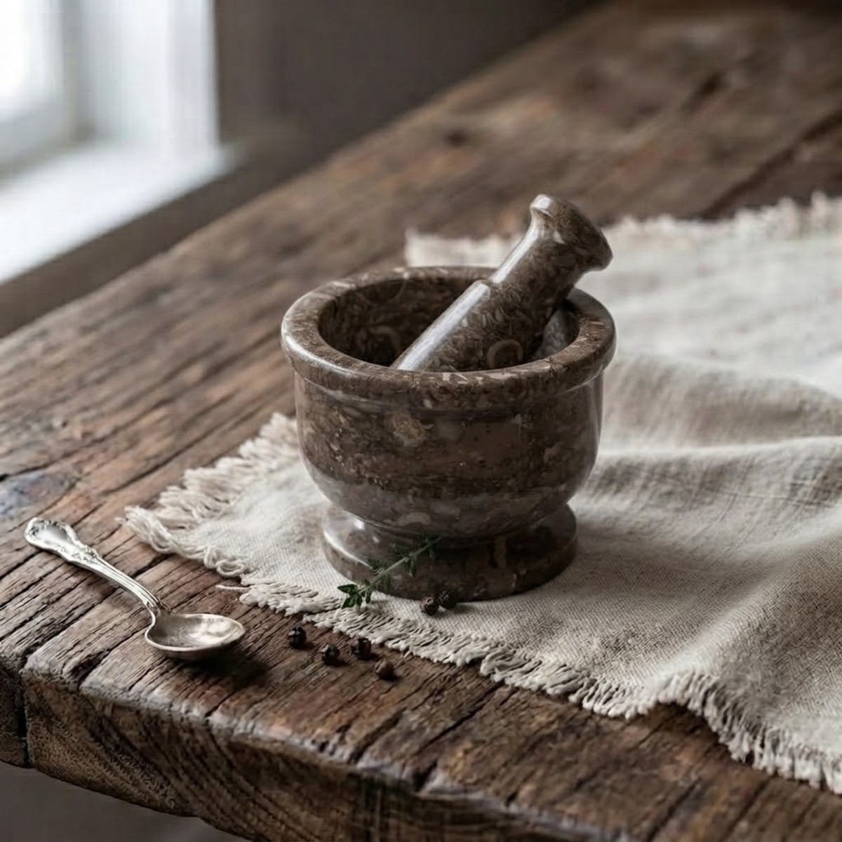 Fossil Marble Mortar and Pestle, Stone Herb Grinder Bowl, Garlic Crusher Spices Molcajete