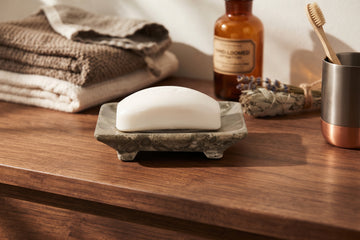 Fossil Grey Soap Dish, Marble Soap Saver Tray, Heavy Stone Bathroom Counter Organizer