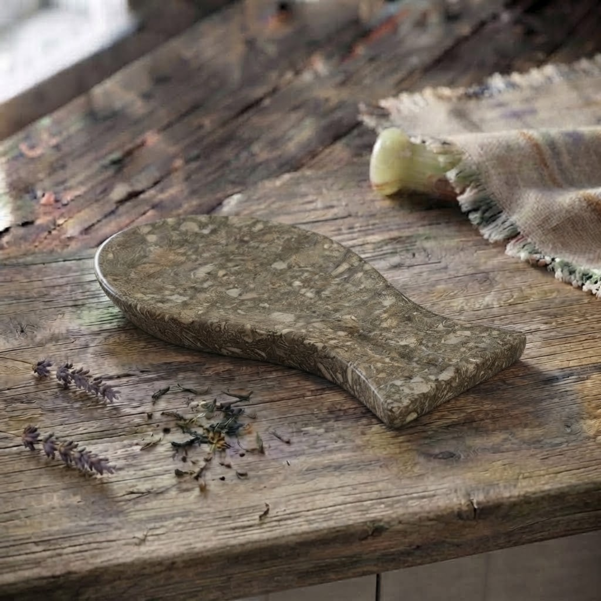 Fossil Grey Marble Spoon Rest Left Side, Stove Top Utensil Holder, Heavy Cooking Spoon Stand