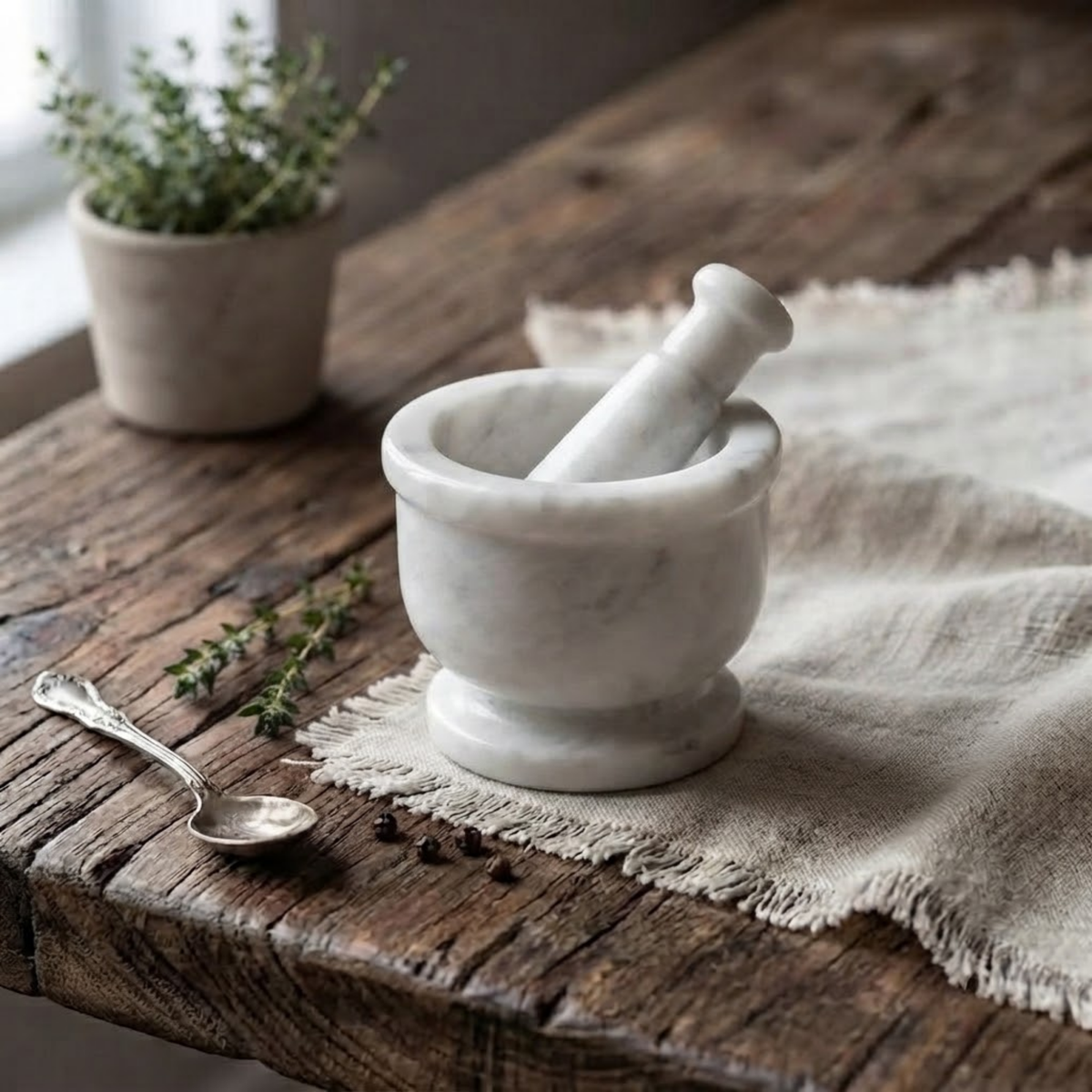 White Marble Mortar and Pestle, Stone Herb Grinder Bowl, Garlic Crusher Spices Molcajete