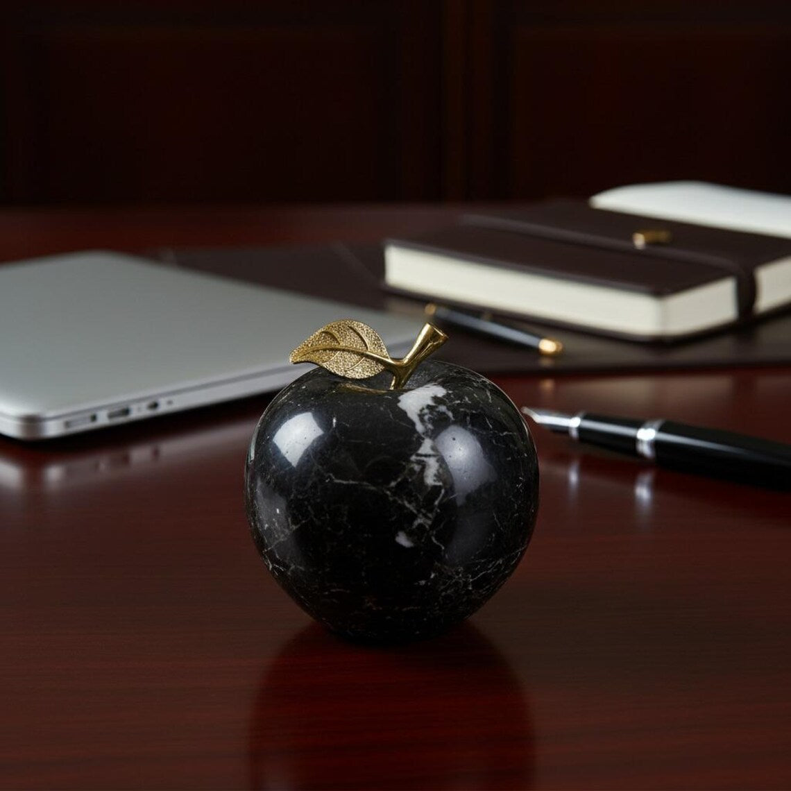 Black Marble Apple Paperweight, Office Desk Decor, Onyx Crystal Figurine Teacher Gift