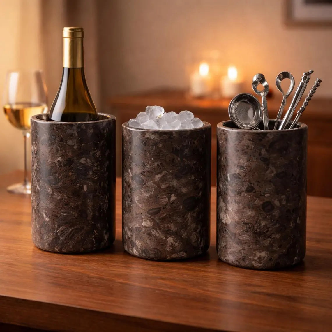 Oceanic Fossil Utensil Holder, Marble Wine Chiller, Heavy Stone Flower Vase