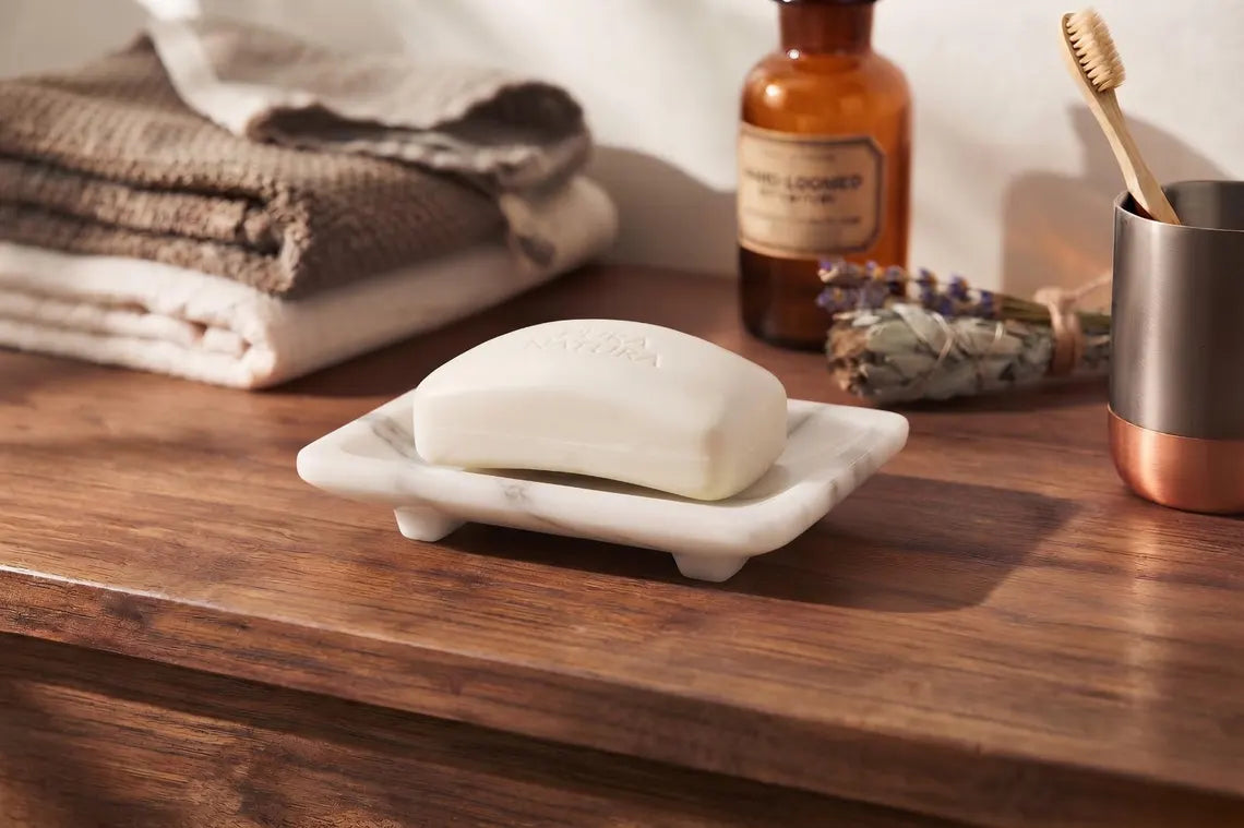 White Onyx Soap Dish, Marble Soap Saver Tray, Heavy Stone Bathroom Counter Organizer