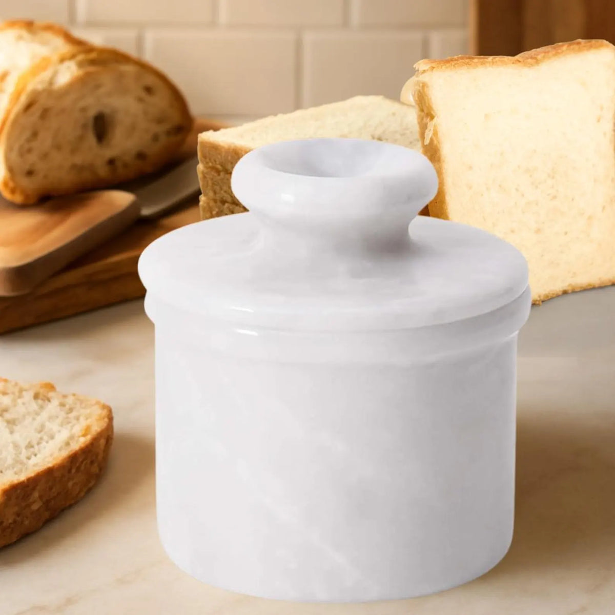 Handmade White Marble Butter Keeper Crock, French Butter Dish, Water Sealed Stone Storage Container