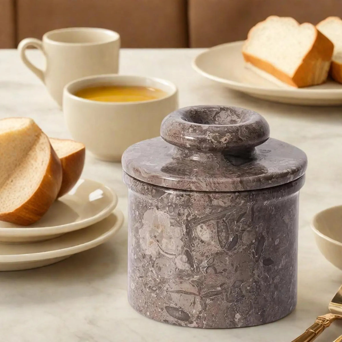 Gray Butter Keeper Crock, French Butter Dish with Lid, Green Stone Kitchenware Storage Pot