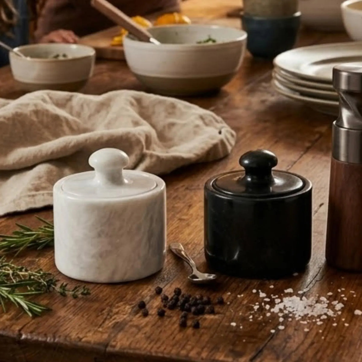 White Black Marble Salt Dish Set, Seasoning Spice Pinch Pots, Lidded Salt Cellar Bowls