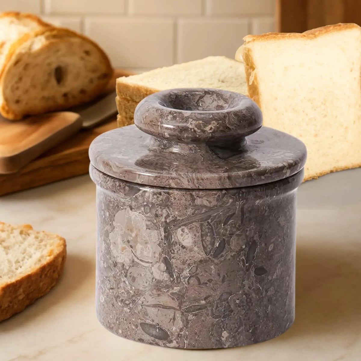 Gray Butter Keeper Crock, French Butter Dish with Lid, Green Stone Kitchenware Storage Pot