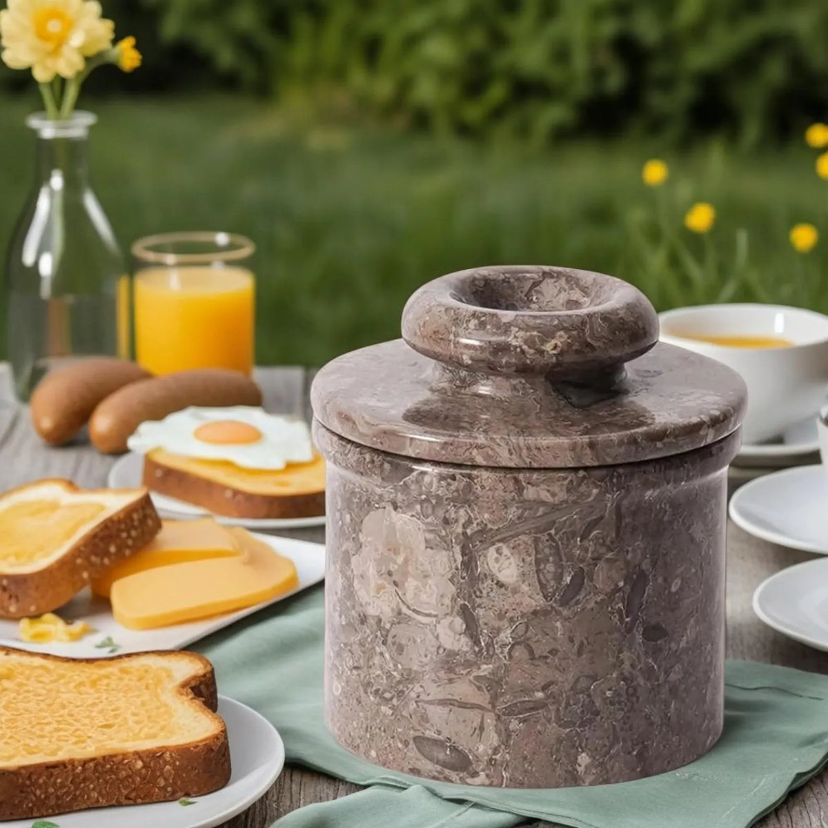 Gray Butter Keeper Crock, French Butter Dish with Lid, Green Stone Kitchenware Storage Pot