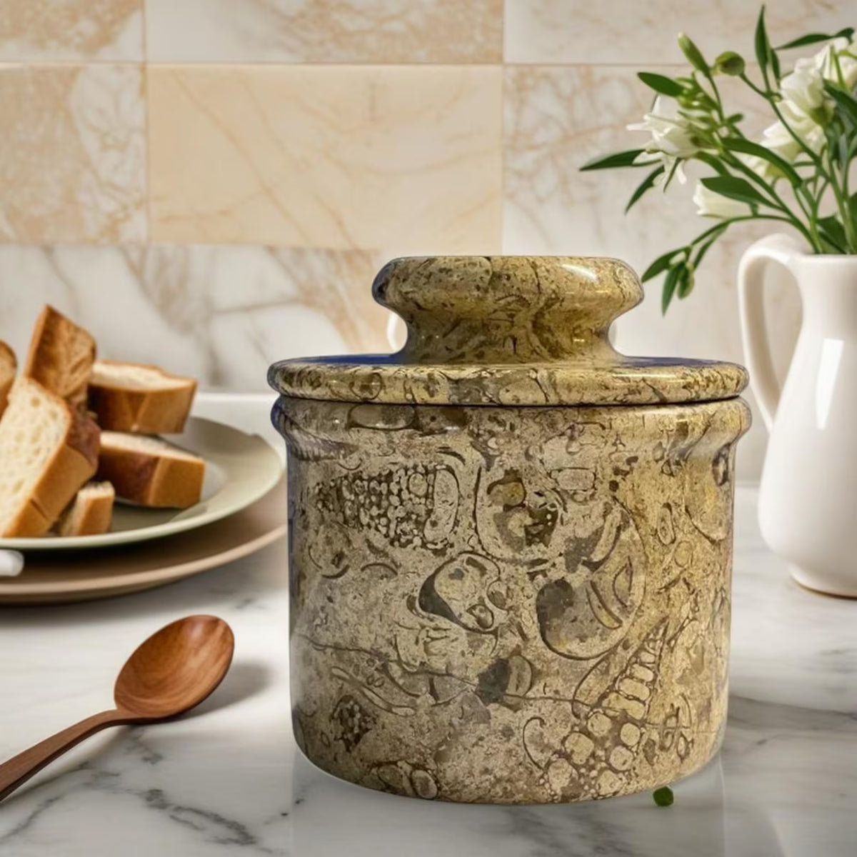 Coral Butter Keeper Crock, French Butter Dish with Lid, Green Stone Kitchenware Storage Pot
