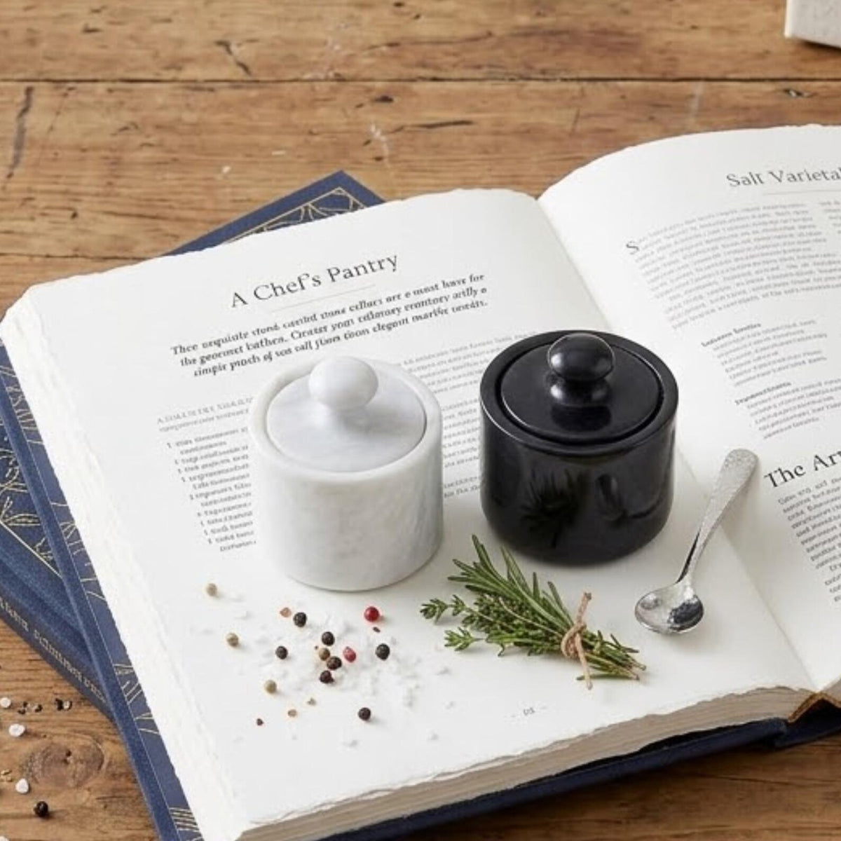 White Black Marble Salt Dish Set, Seasoning Spice Pinch Pots, Lidded Salt Cellar Bowls