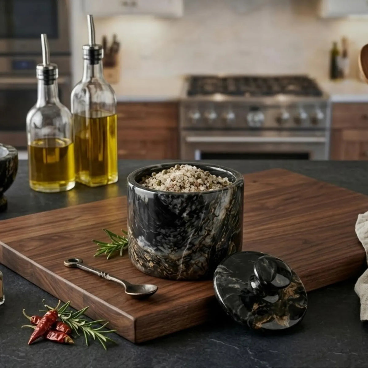 White Black Marble Salt Dish Set, Seasoning Spice Pinch Pots, Lidded Salt Cellar Bowls