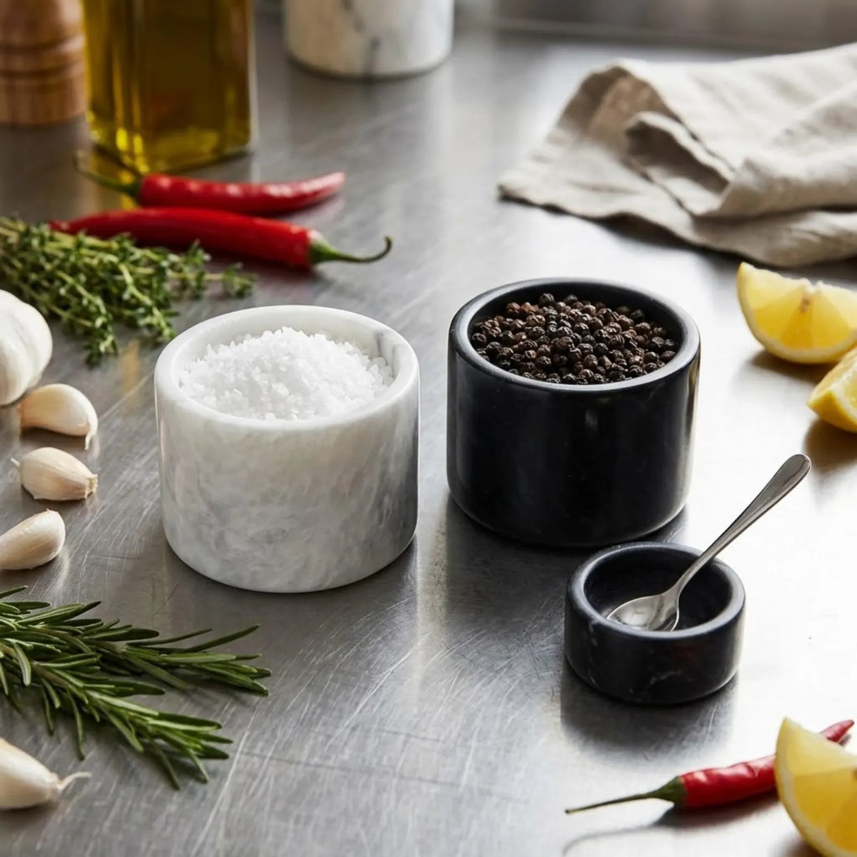 White Black Marble Salt Dish Set, Seasoning Spice Pinch Pots, Lidded Salt Cellar Bowls