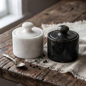 White Black Marble Salt Dish Set, Seasoning Spice Pinch Pots, Lidded Salt Cellar Bowls