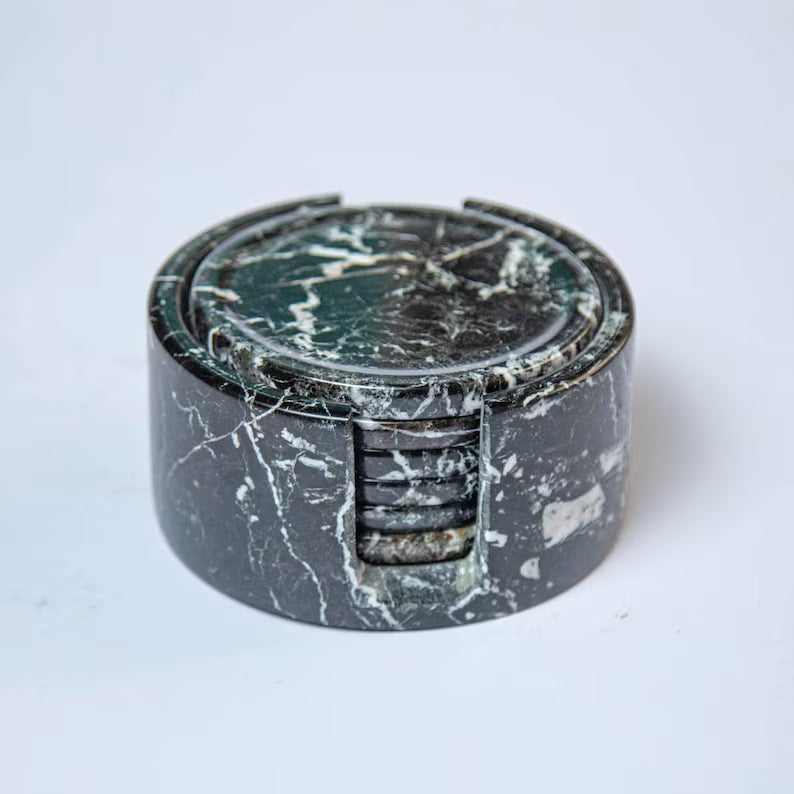 Handcrafted Black Marble Coaster Set Handmade Luxury Round Drinkware Kitchen Decor Gift Pack