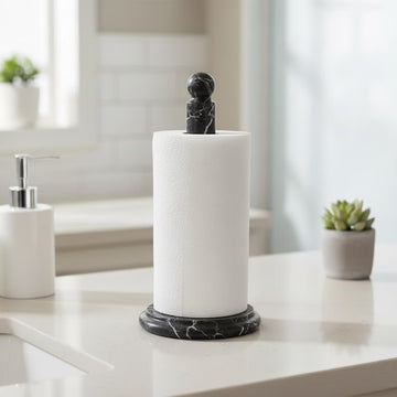 Black and Gold Marble Paper Towel Holder Stand - Solid Stone Tabletop Kitchen Roll Base