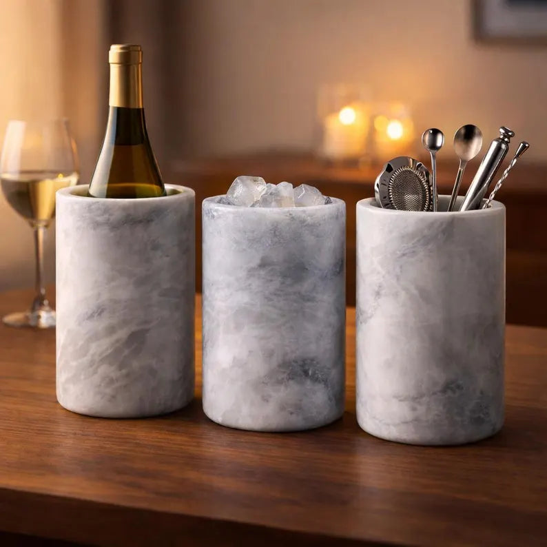 White Marble Utensil Holder, Onyx Wine Chiller, Heavy Stone Flower Vase