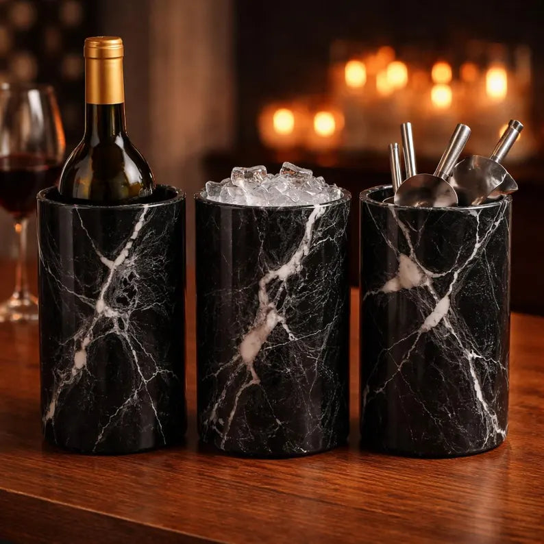 Black Marble Utensil Holder, Onyx Wine Chiller, Heavy Stone Flower Vase